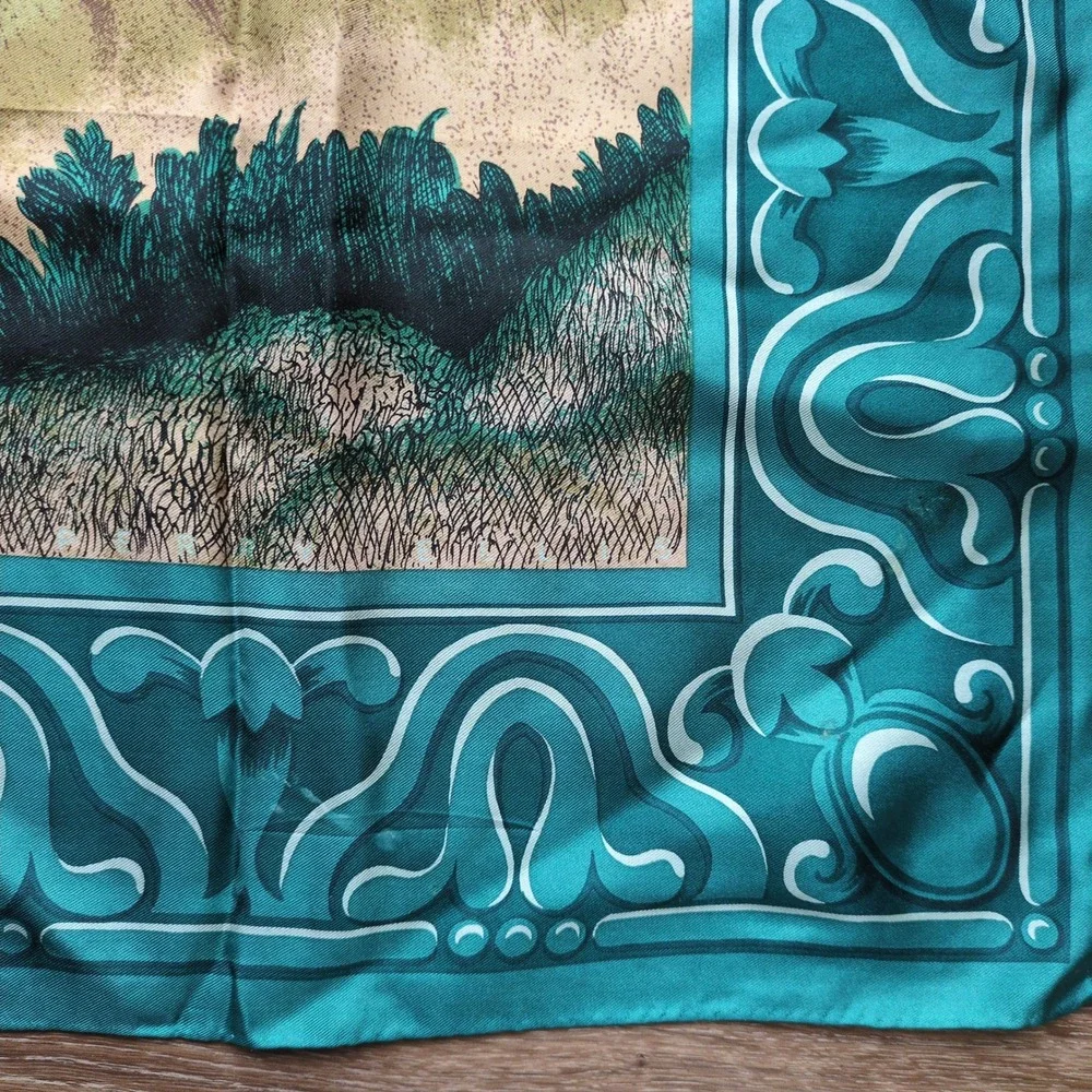 Vtg 90s Perris Ellis Hunting‎ Dogs Silk Scarf Teal Pastoral Nature Square 34